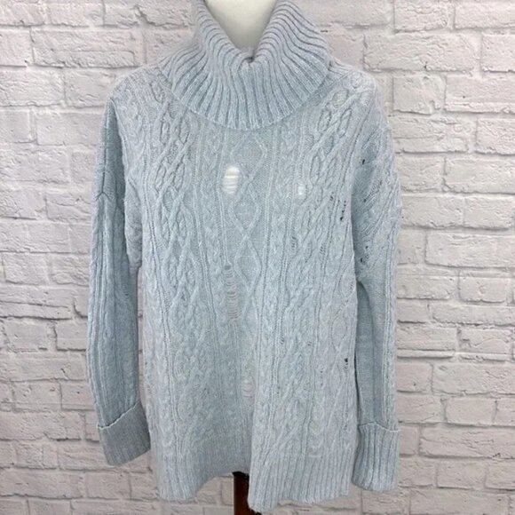 Free People Blue Distressed Complex Cabled Knit Cowl Turtleneck Sweater Size S - Picture 2 of 6
